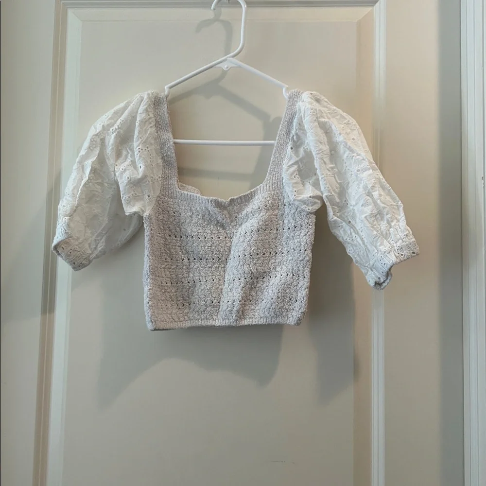 Zara Crochet Knit Cropped Top Square Neck w/ Puff Eyelet Sleeves elastic size S